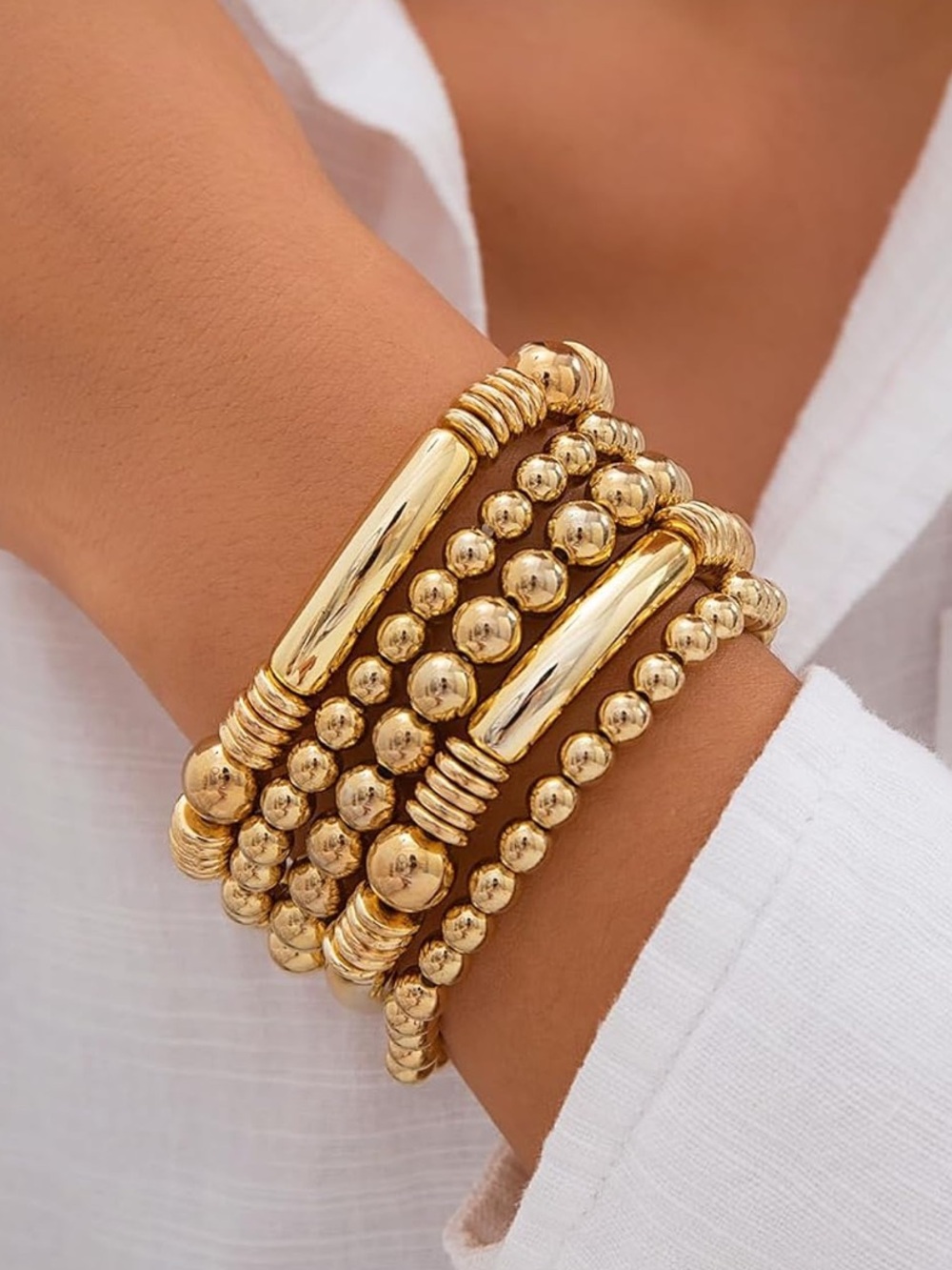 Anthropologie Gold Beaded Stretch Bracelet Stack